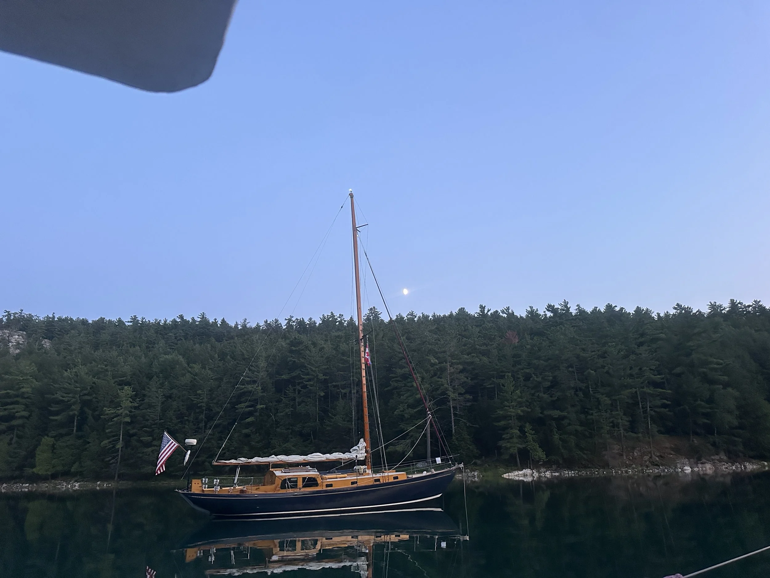 Ciara at sunset, happy at anchor