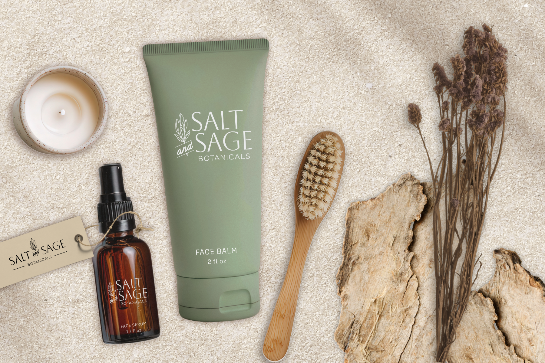 Salt and Sage Botanicals Branding. Beautiful organic tones and images for a natural wellness brand.