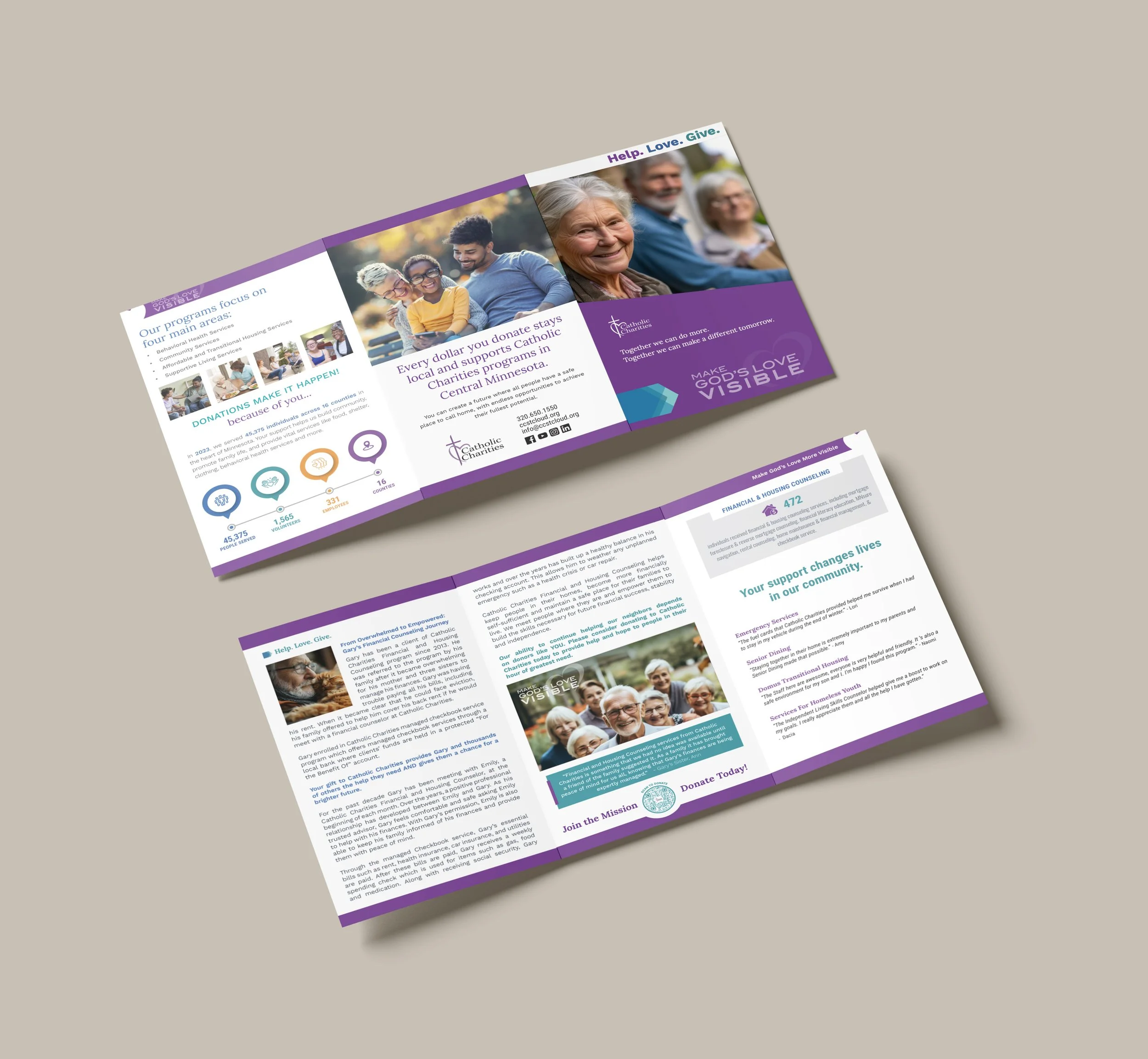 Print brochure for a non-profit featuring images of diverse seniors and young people, with informational text about their programs and mission. Part of the annual fundraiser.