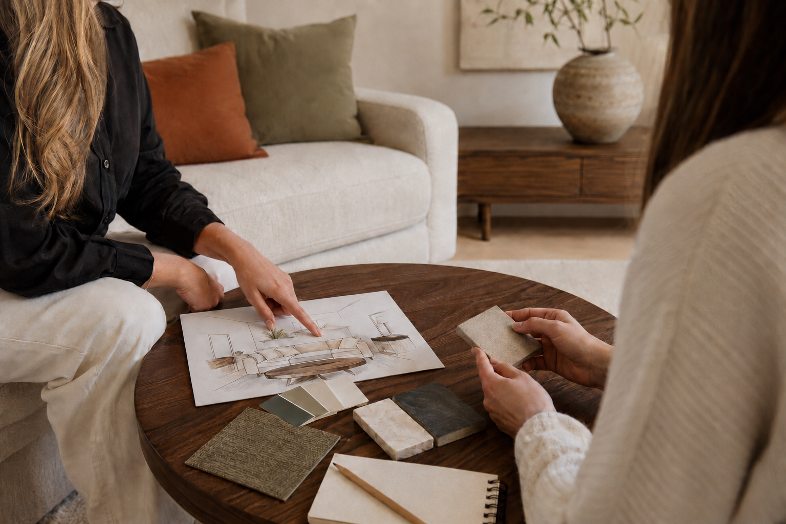 Interior styling consultation with two women reviewing a floor plan and color samples at a table.