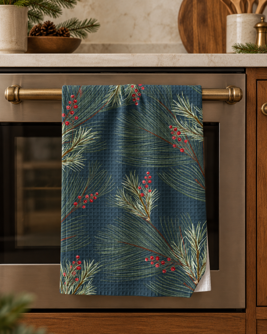 Forest-green waffle tea towel with painted pine branches and red winter berries hanging from a brass oven handle in a warm wood kitchen.