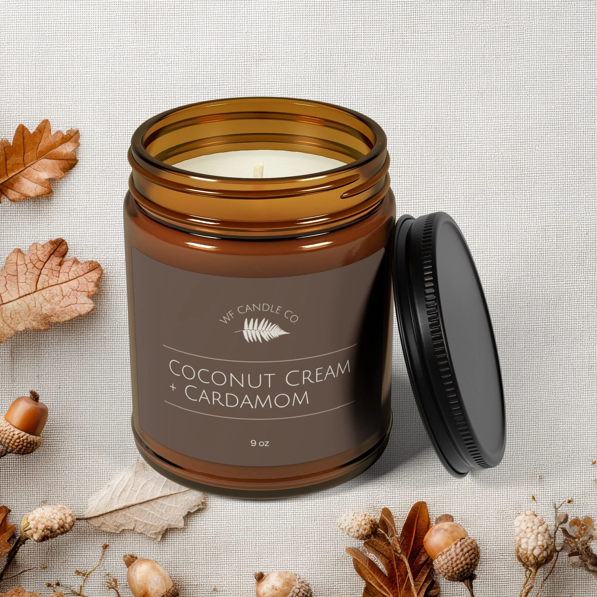 Natural Scented Candle in Amber Jar - Coconut Cream + Cardamom 9 oz