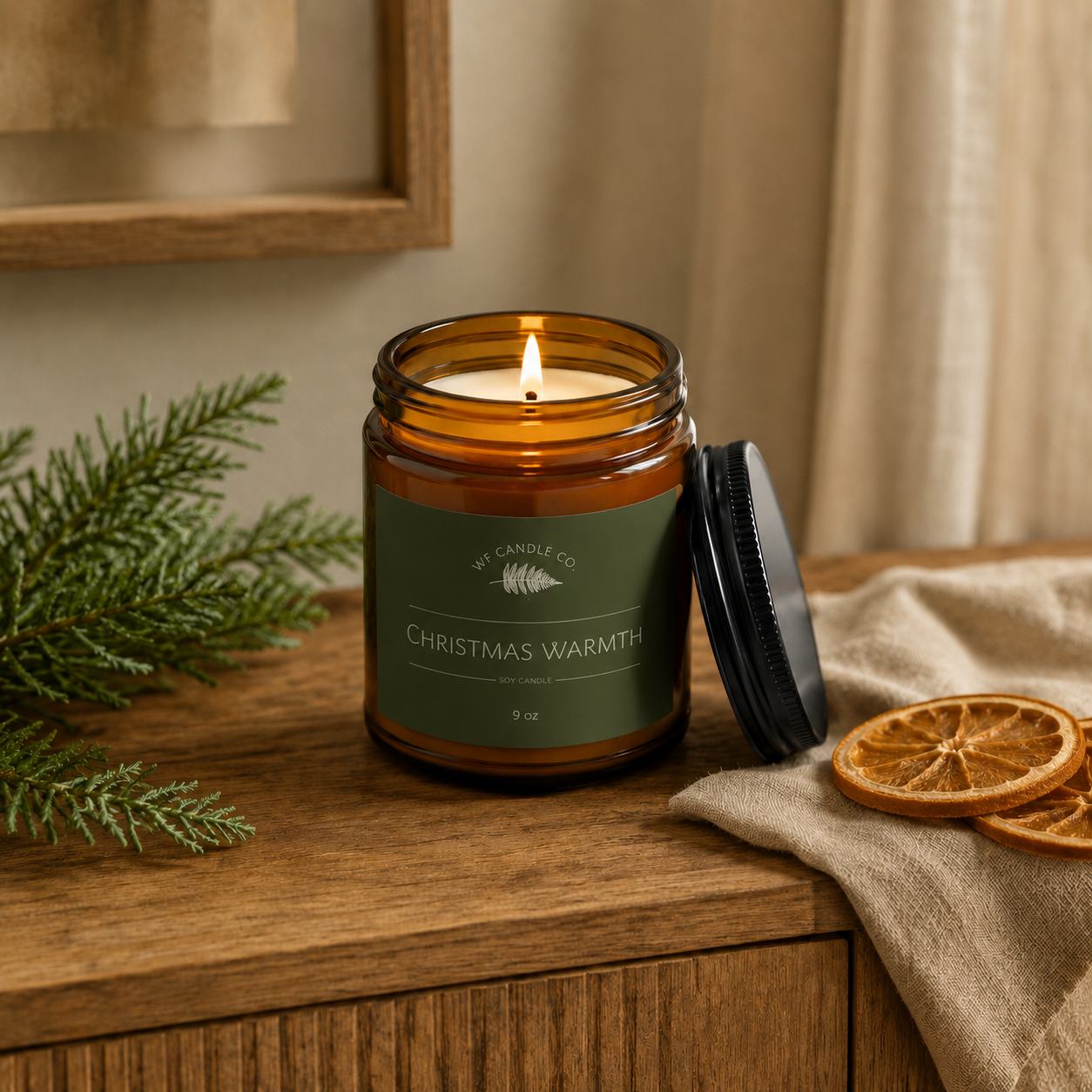 Natural Scented Soy Candle in Amber Jar - Christmas Warmth 9 oz