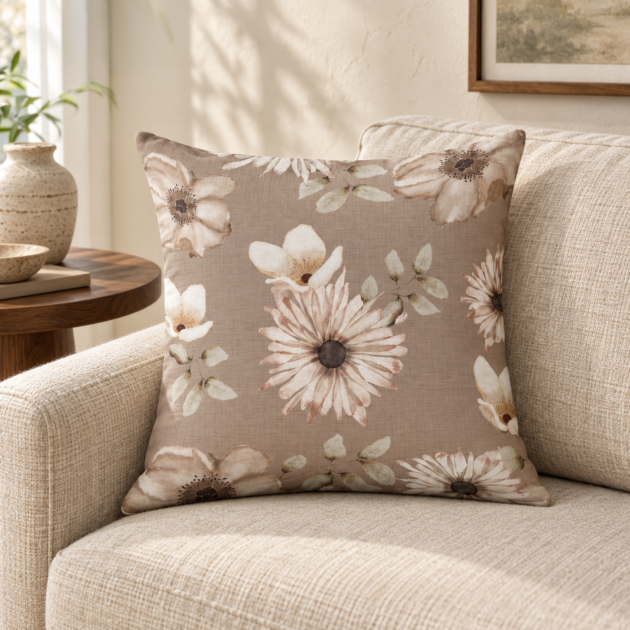 Mushroom Meadow Faux Linen Floral Throw Pillow