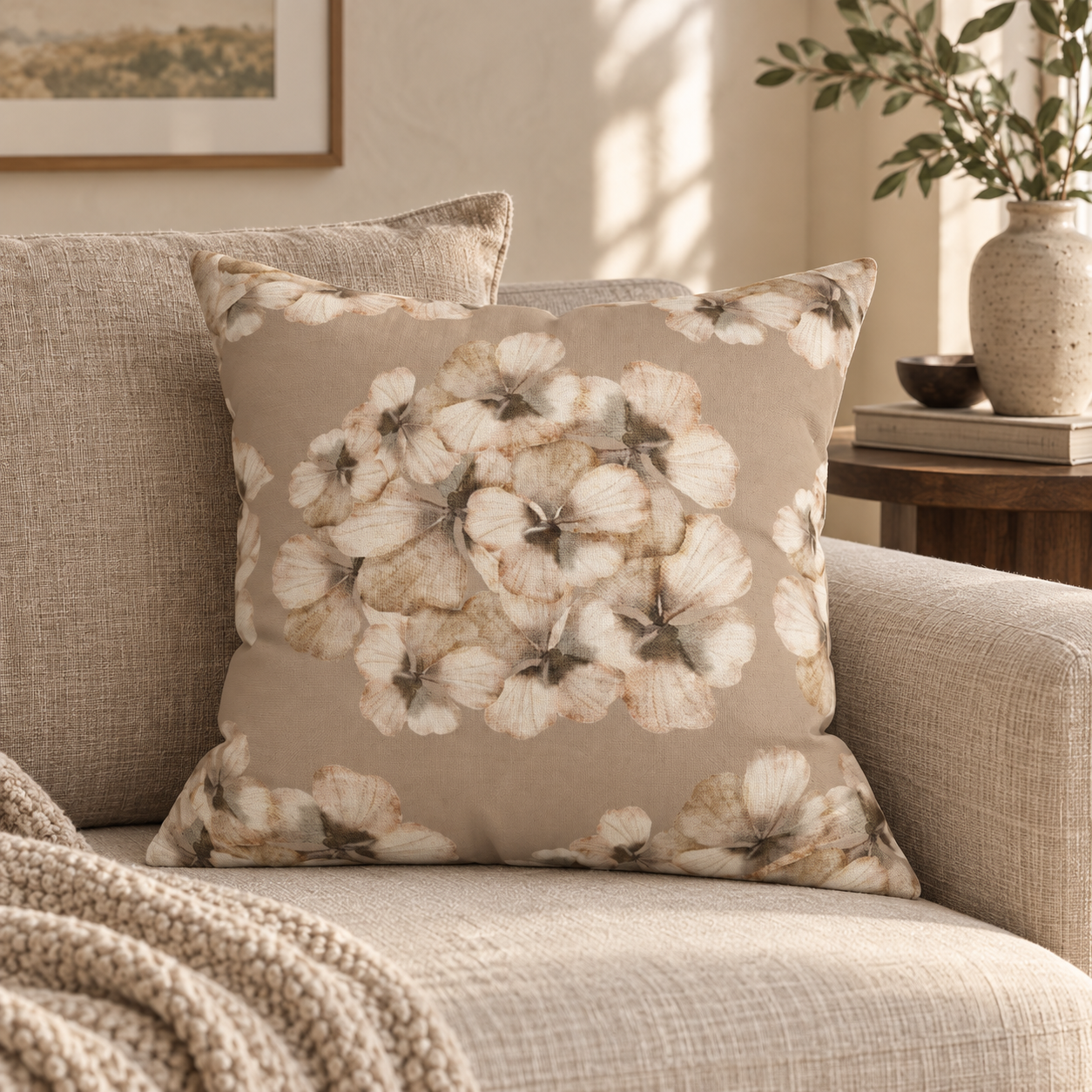 Sepia Hydrangea Faux Linen Pillow Cover