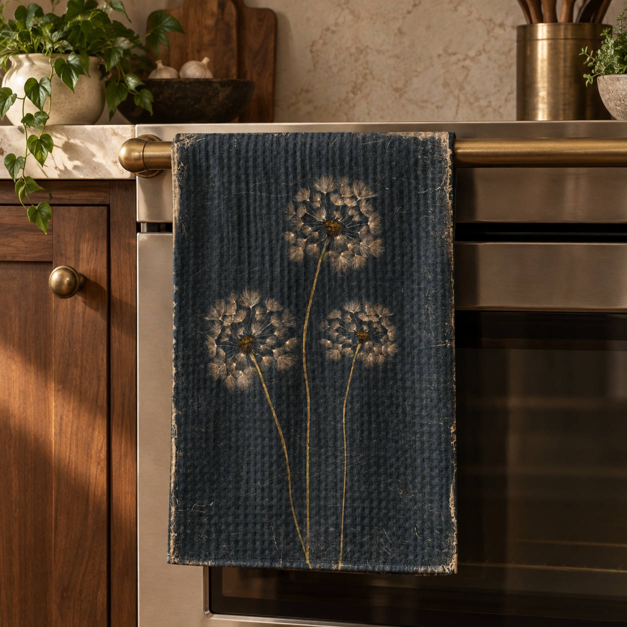 Dark charcoal-blue waffle-weave tea towel with three delicate antique-gold dandelion seed heads.