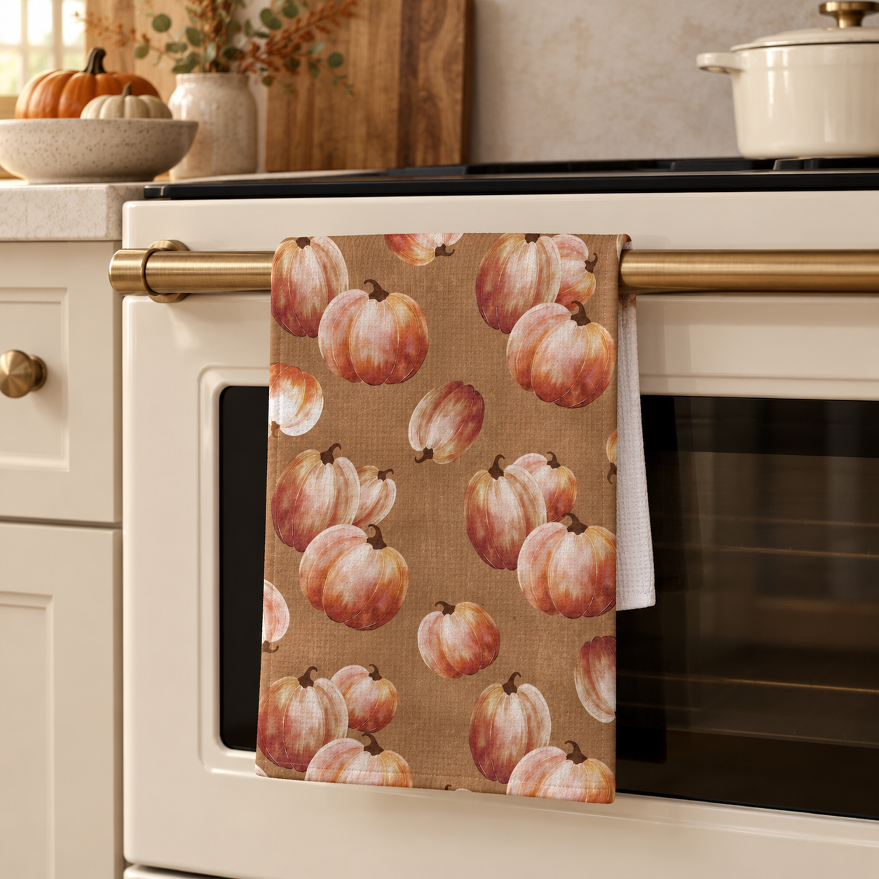 Watercolor pumpkin tea towel folded over a brass oven handle in a warm cream kitchen with subtle autumn styling.