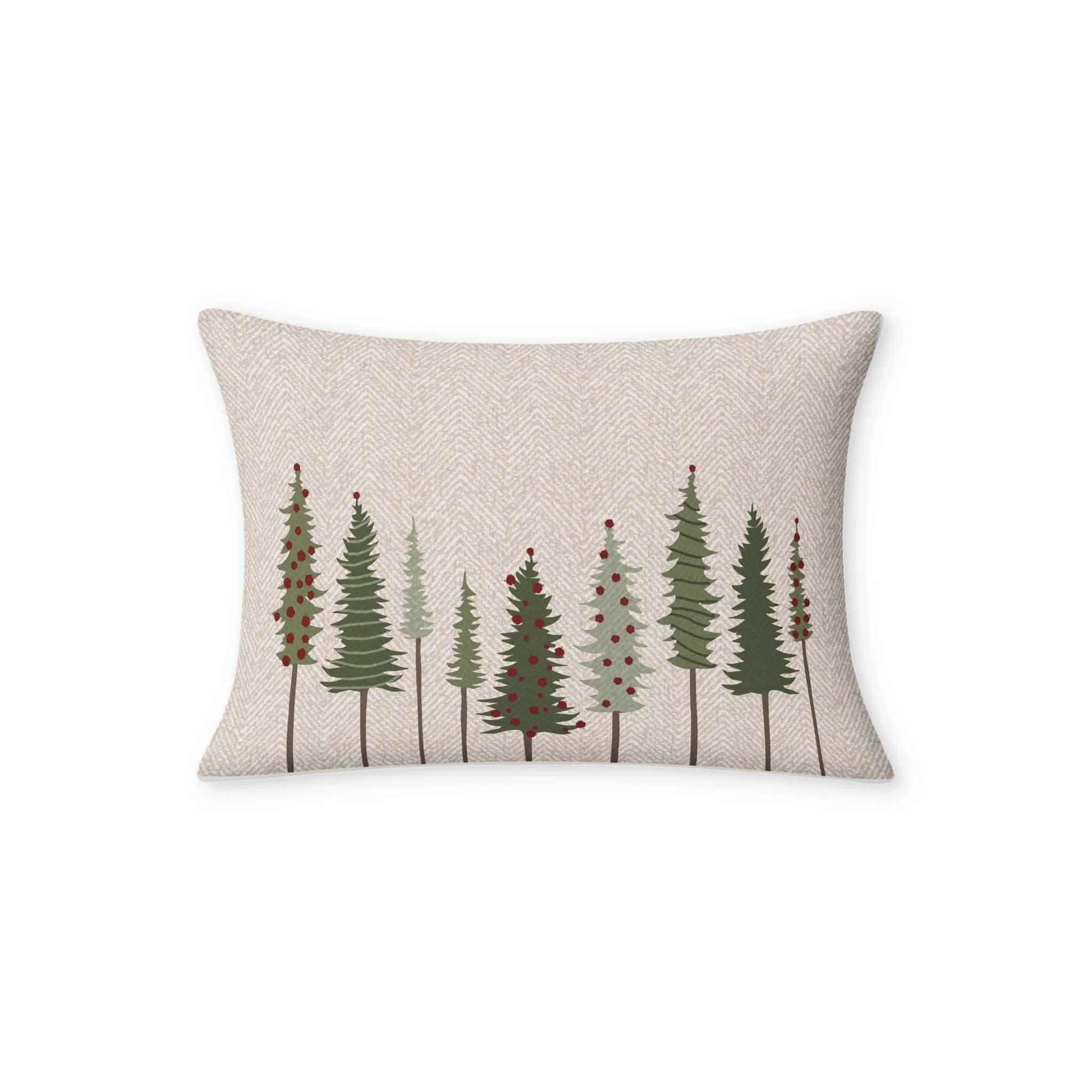 Winterberry Grove 12 × 20 lumbar pillow cover with green evergreen trees and cranberry berries on a neutral herringbone background.
