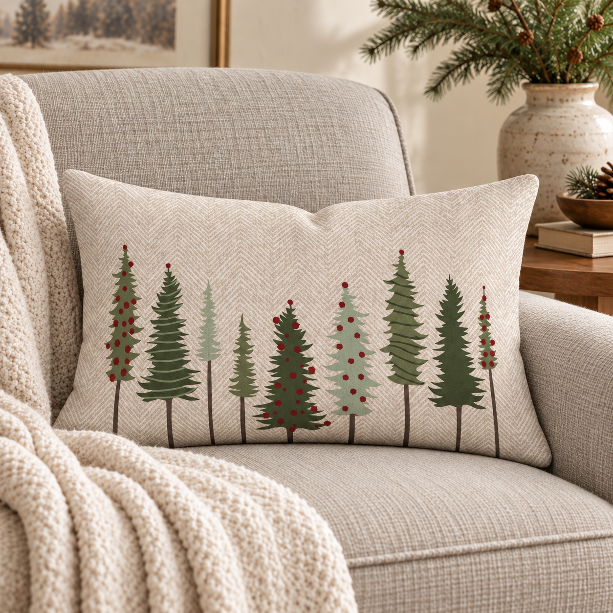 Evergreen lumbar pillow styled on a warm neutral chair in a cozy organic-modern winter living room.