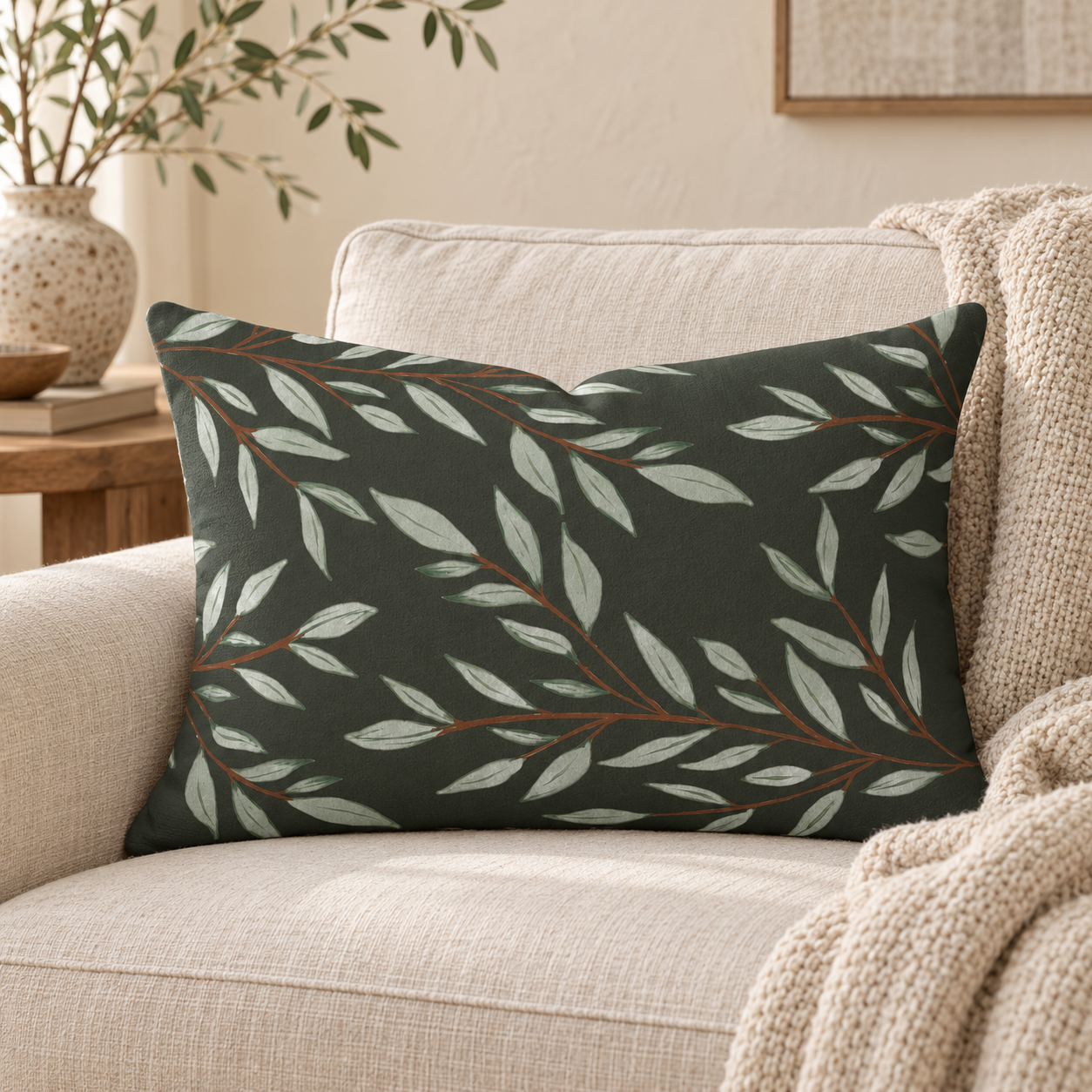 Green botanical lumbar pillow styled on a light oatmeal sofa with warm wood and neutral organic-modern décor.