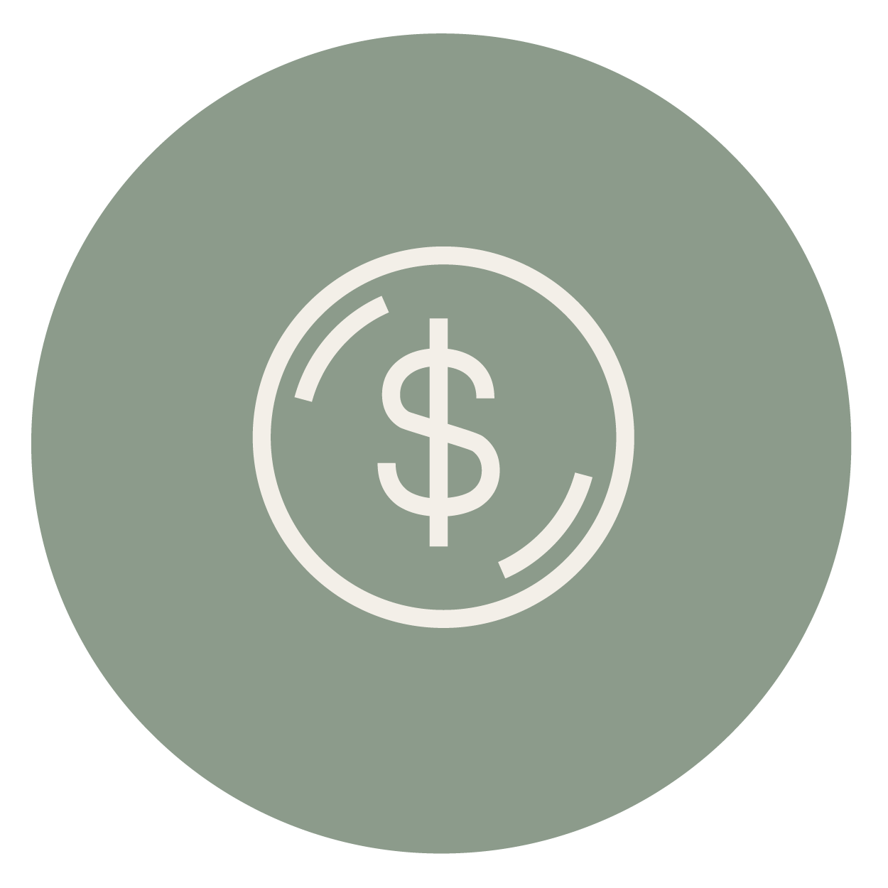 Gray circle with a white dollar sign inside a circle with two curved lines.