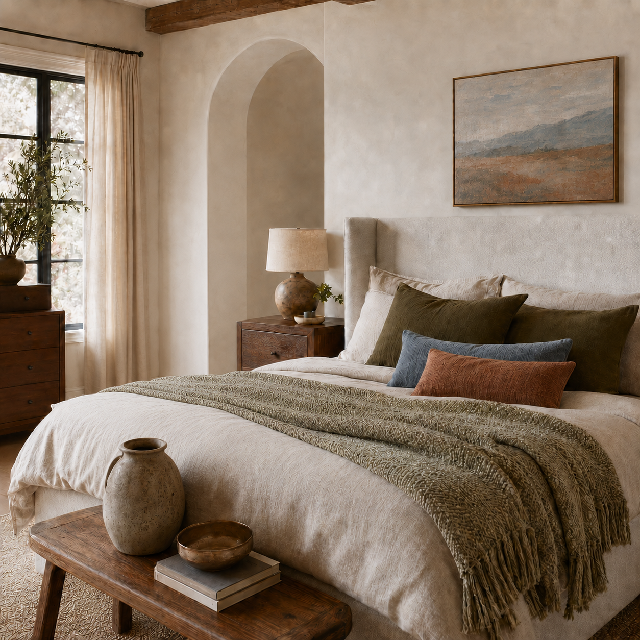 Warm modern-organic bedroom with layered bedding, colorful accents, natural wood furniture, and curated décor.