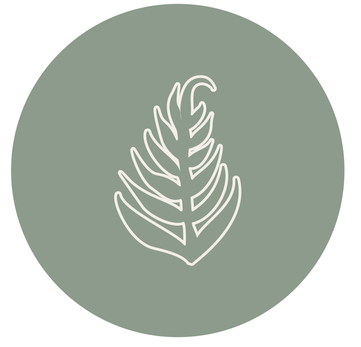 Line art of a leaf or plant on a muted green circular background.