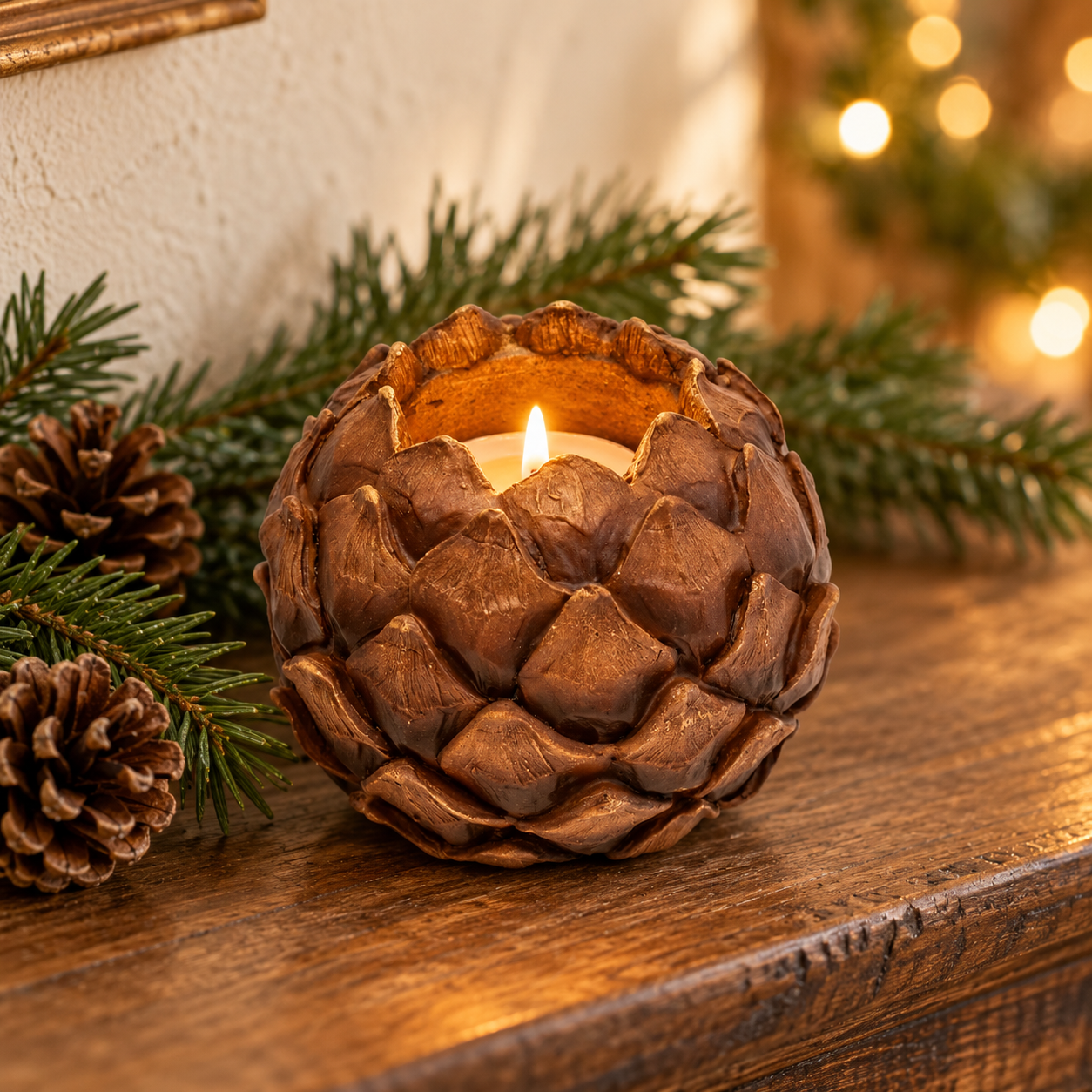 Rustic pinecone tealight on a holiday mantel.png