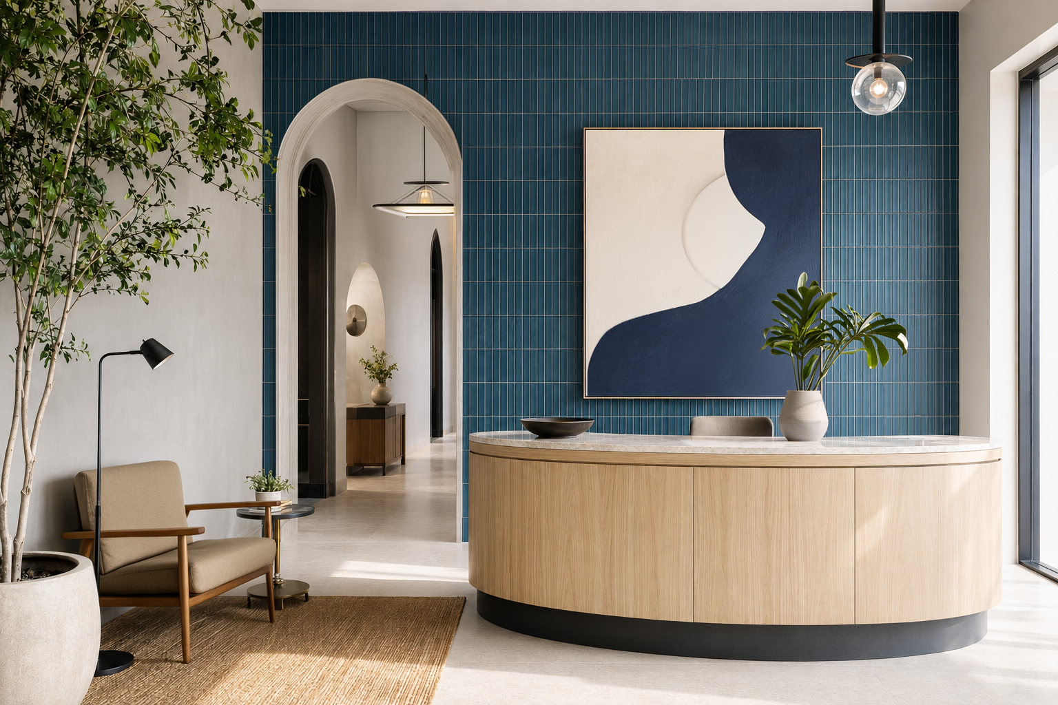 Modern business reception area with a curved light-wood desk, bold abstract artwork, and indoor plants.