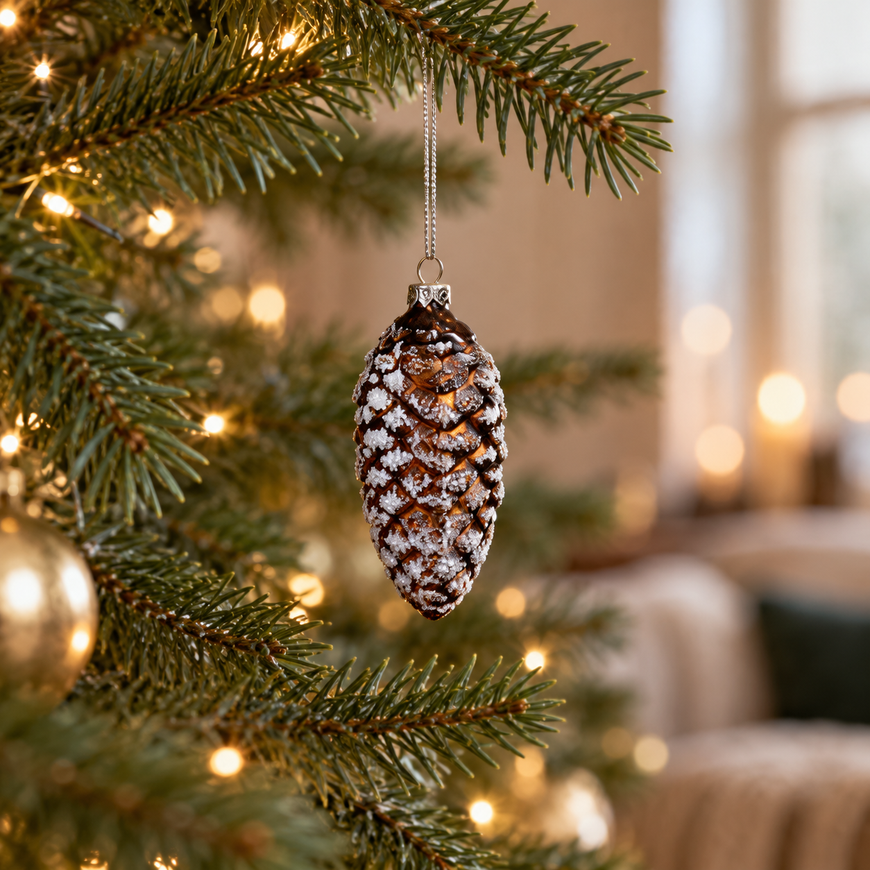 Snowy Pinecone Ornament on Evergreen Branch.png