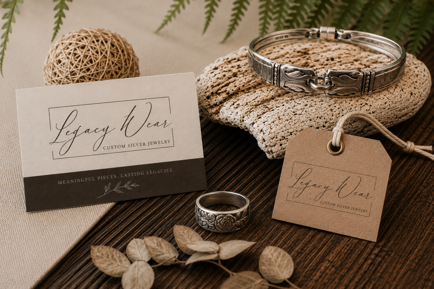 A jewelry display featuring a silver ring with floral engravings, a wide silver bracelet with leaf motifs, and a small business card and tag for 'Legacy Wear Custom Silver Jewelry.' The items are arranged on a textured beige and dark wooden surface with decorative elements like dried leaves and a woven ball.