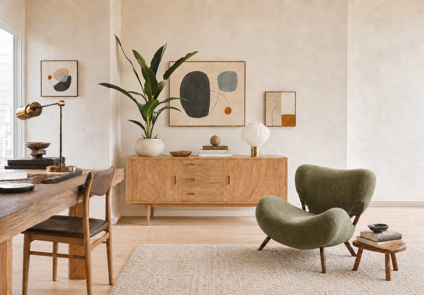 Bright midcentury-inspired living room with a wooden sideboard, green lounge chair, broad-leaf plant, and curated artwork.