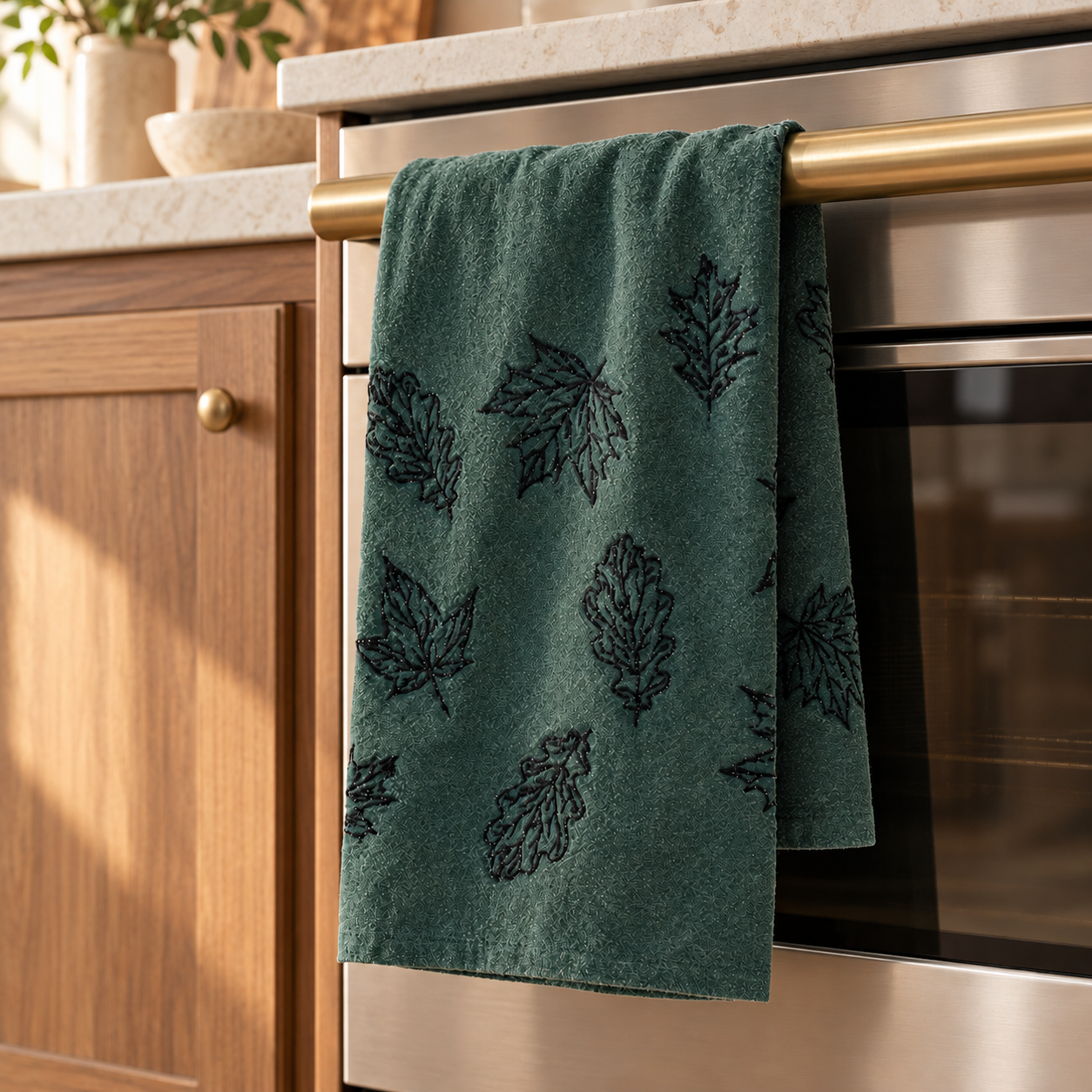 Extended brass oven handle with green towel.png