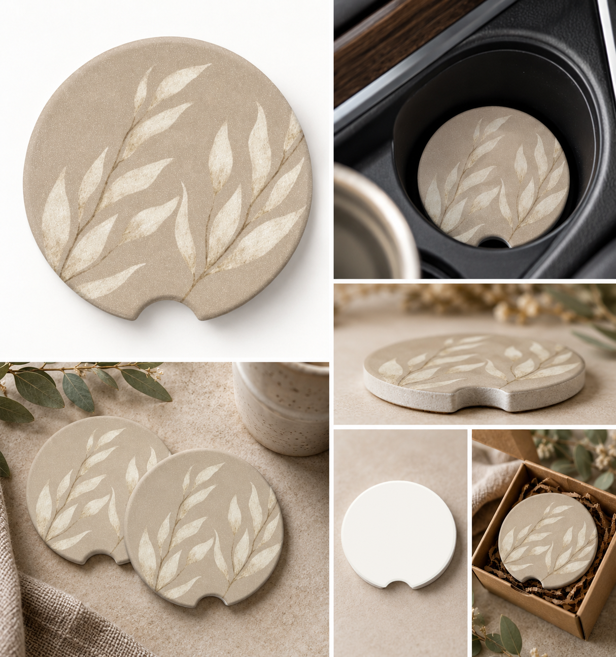 Linen Leaf Soapstone Car Coaster — Fall Leaves & Blooms