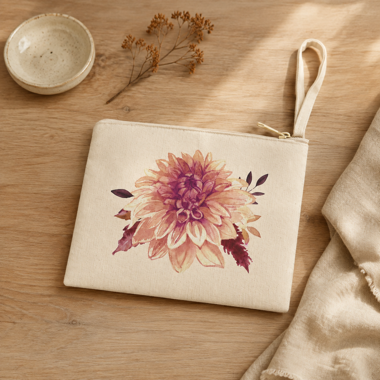 Autumn Dahlia Canvas Wristlet Pouch