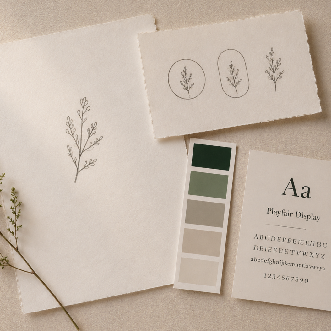 Sketches of sprigs and leaves, color swatch palette with shades of green, and an alphabet display print titled 'Playfair Display'