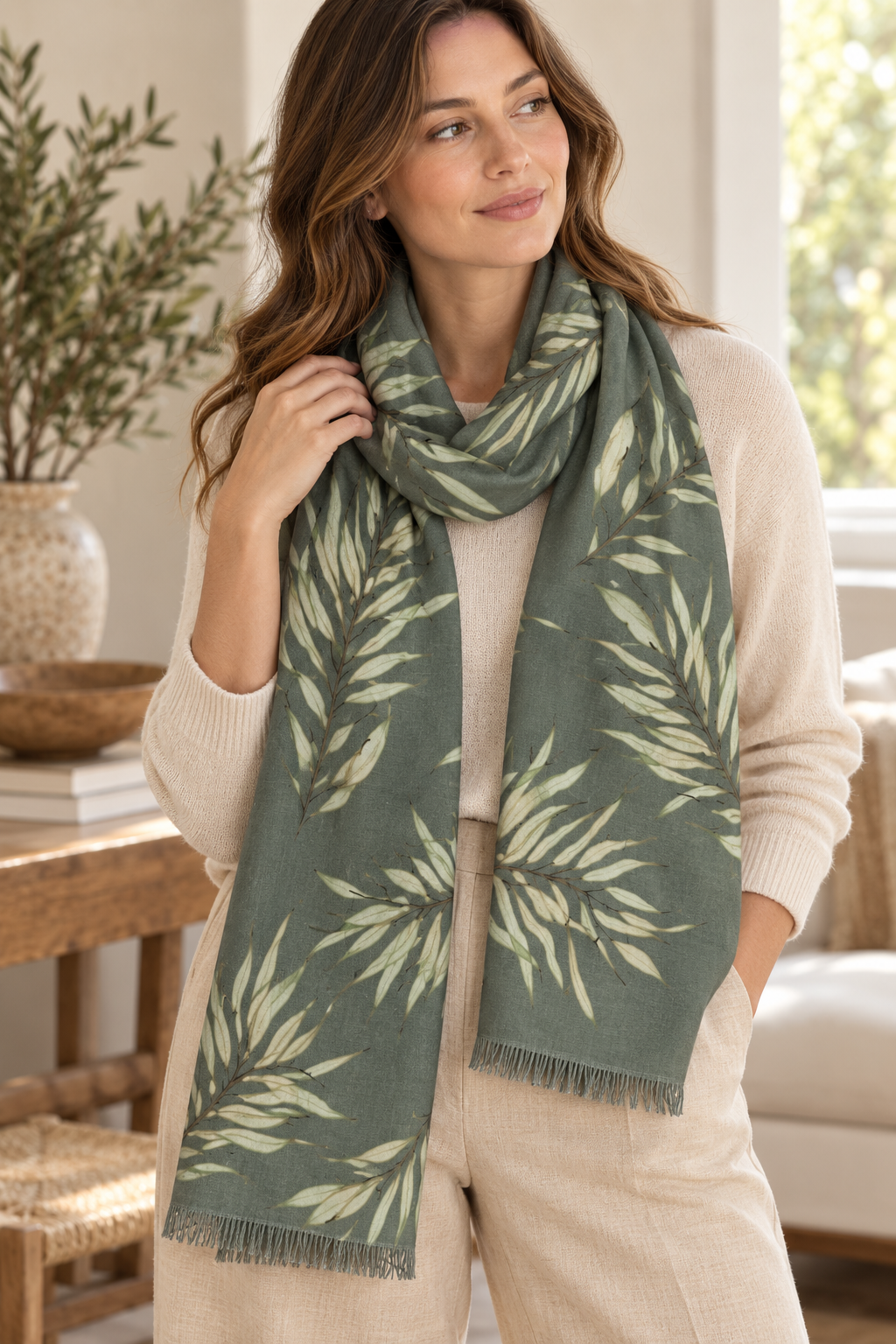 Olive Bough Lightweight Botanical Fringed Scarf