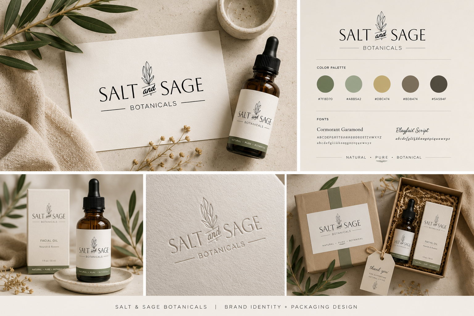 Packaging and branding design for Salt and Sage Botanicals, featuring a dark amber dropper bottle, product boxes, a logo embossed on textured paper, and a gift box with botanical elements.