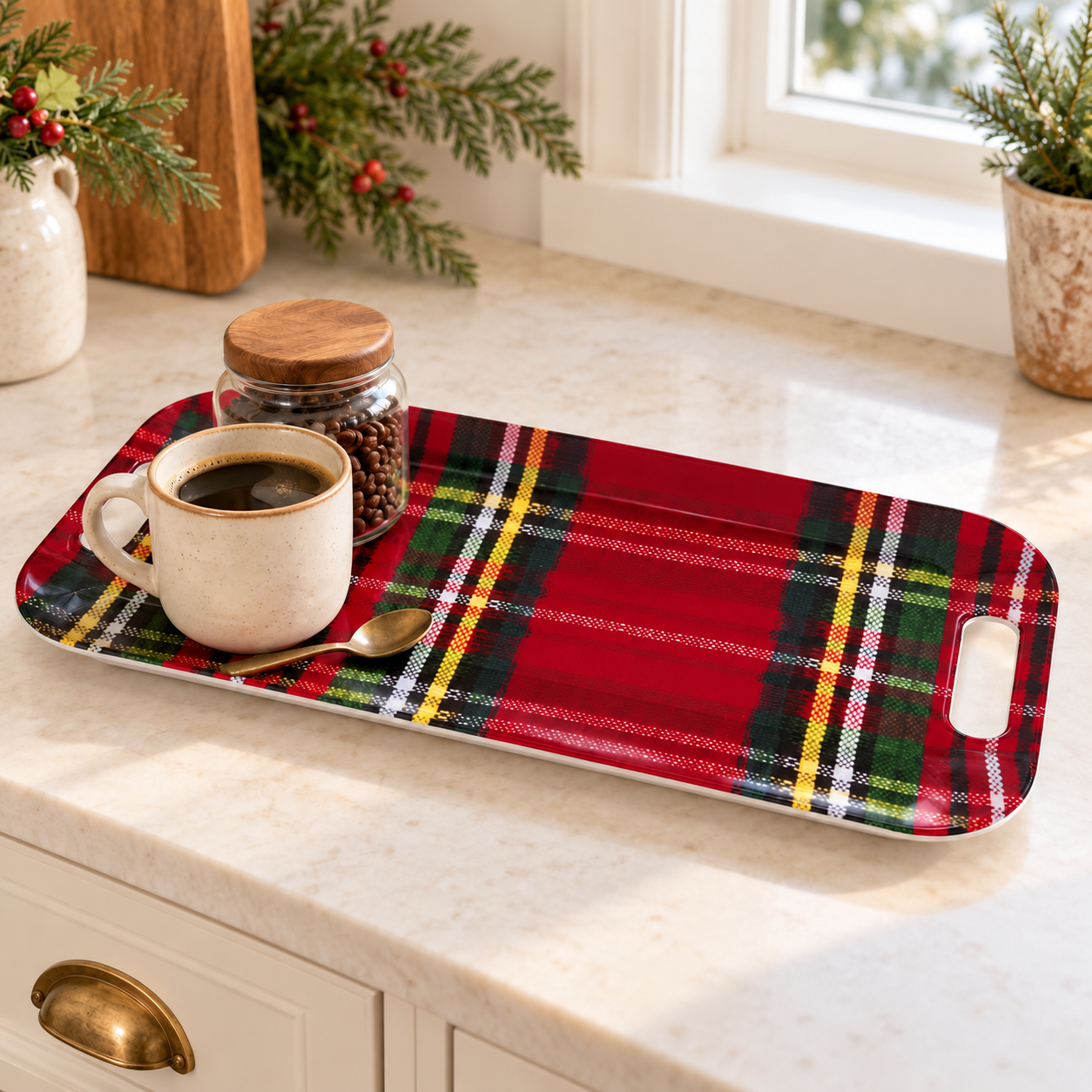 Cranberry plaid serving tray in winter kitchen.png