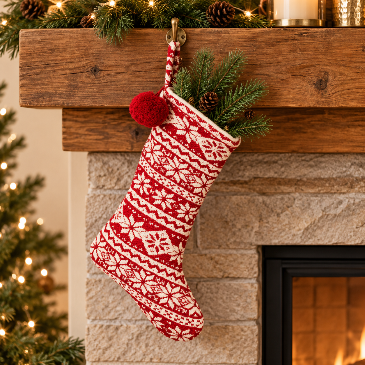Nordic knit stocking on warm wood mantel.png