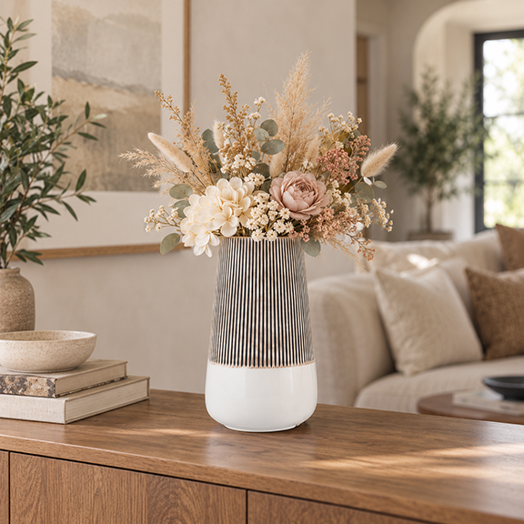 Ivory Ribbed Ceramic Vase