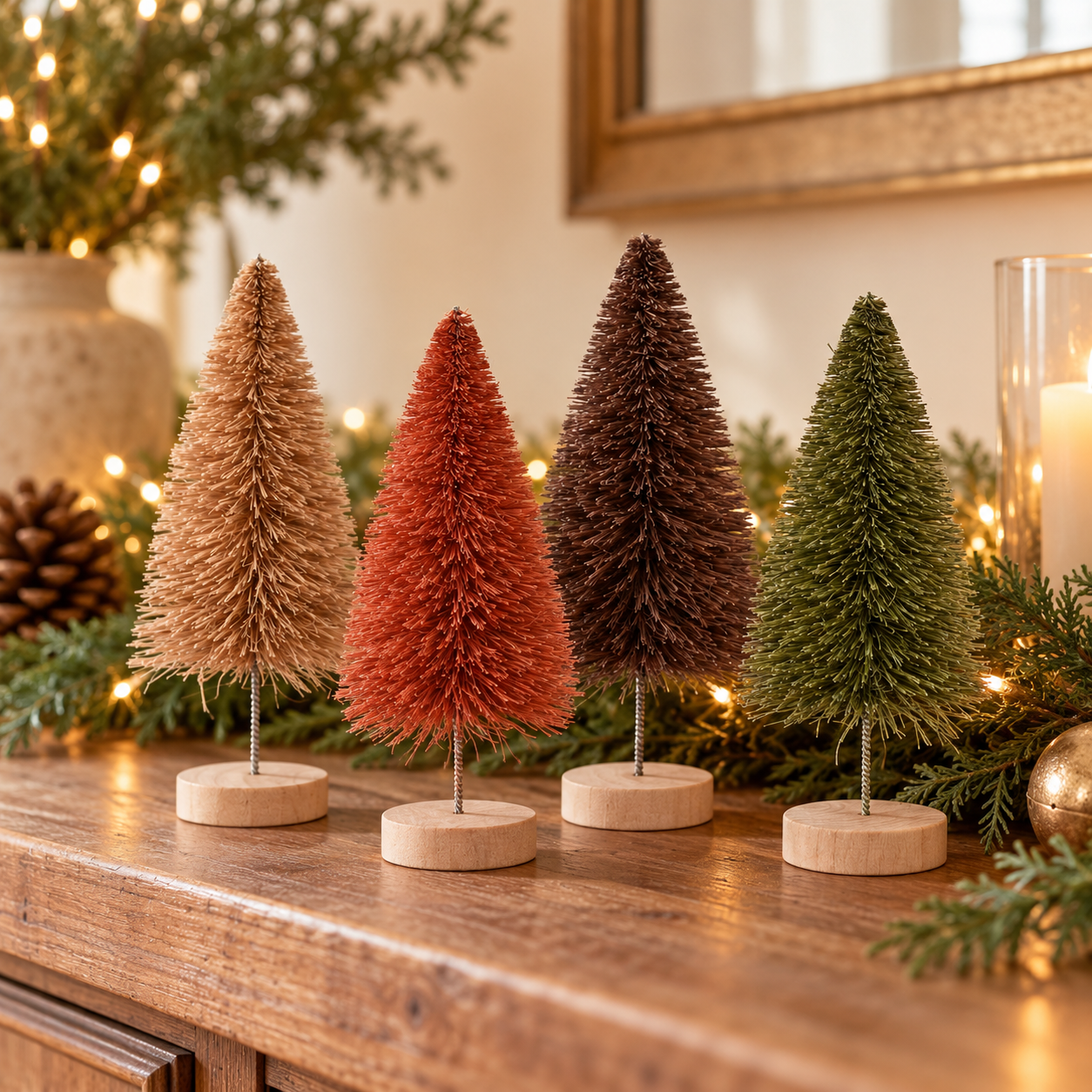 Four bottle brush trees on a warm mantel.png