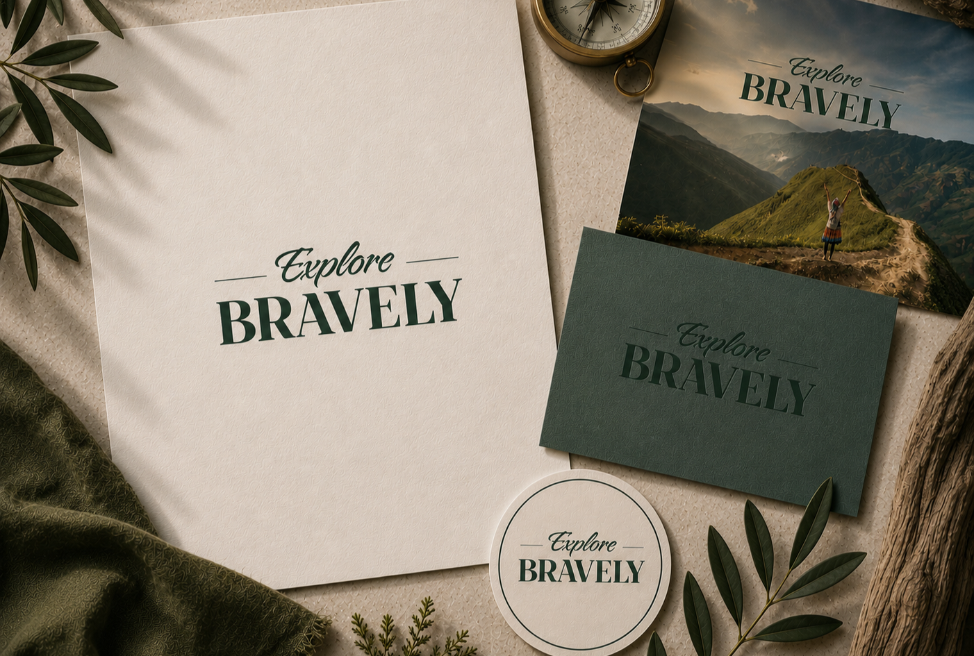 Travel-themed promotional materials with the phrase "Explore BRAVELY" in various fonts and layouts, surrounded by greenery, a compass, a photograph of a person on a mountain, and textured fabric and paper backgrounds.