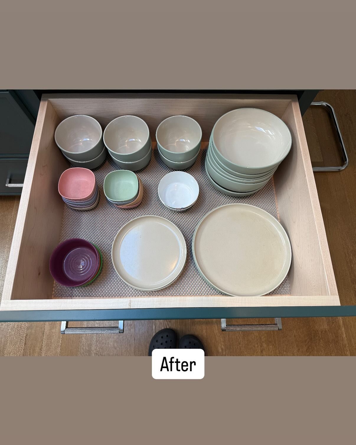 A splash of honey tip: line your drawers with some kind of grip liner to not only keep items in place but to give your space a more finished and cozy vibe. (Especially great with old stained drawers.) I use museum gel on the corners to keep the grip 