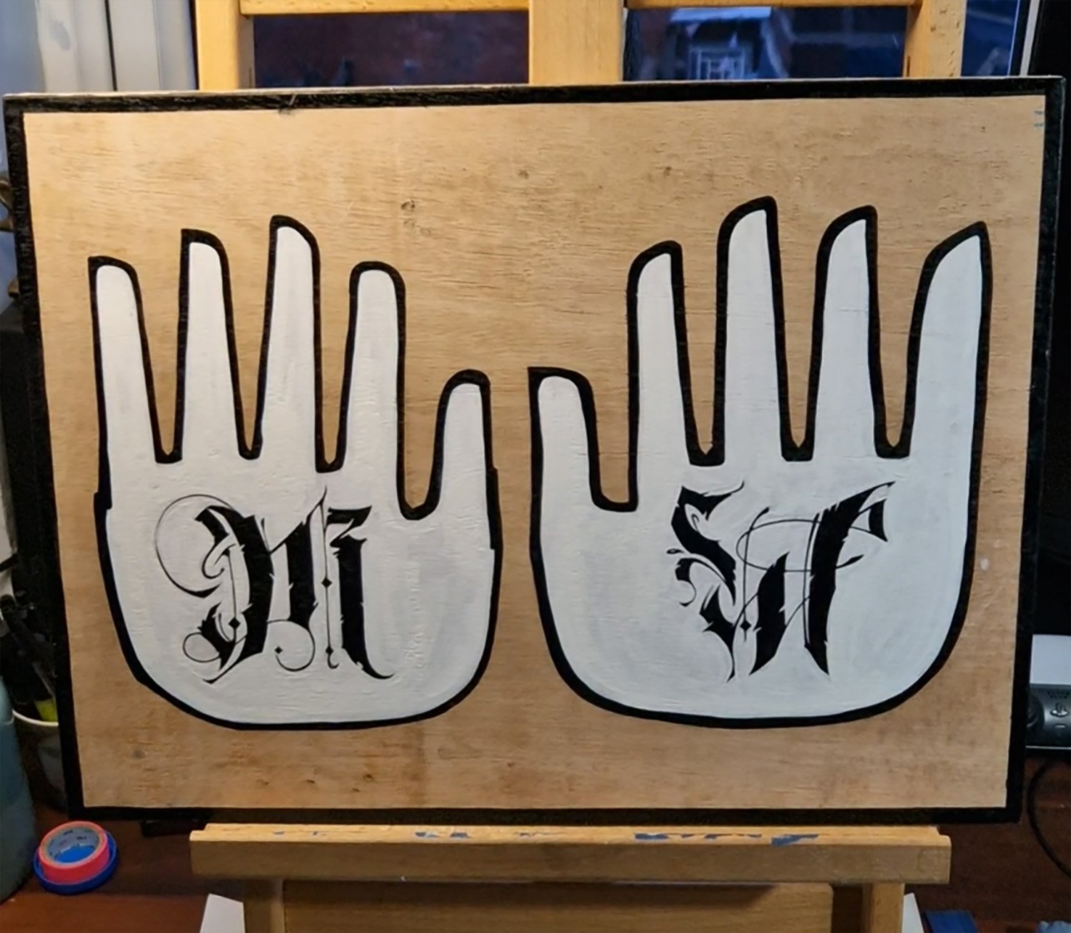 Sign painting commission for Mana & Wak Retreat Centre. A play on their hands logo with my own caligraphy on top. Enamel sign writing paint on ply wood - (original hands design by David Shillinglaw)