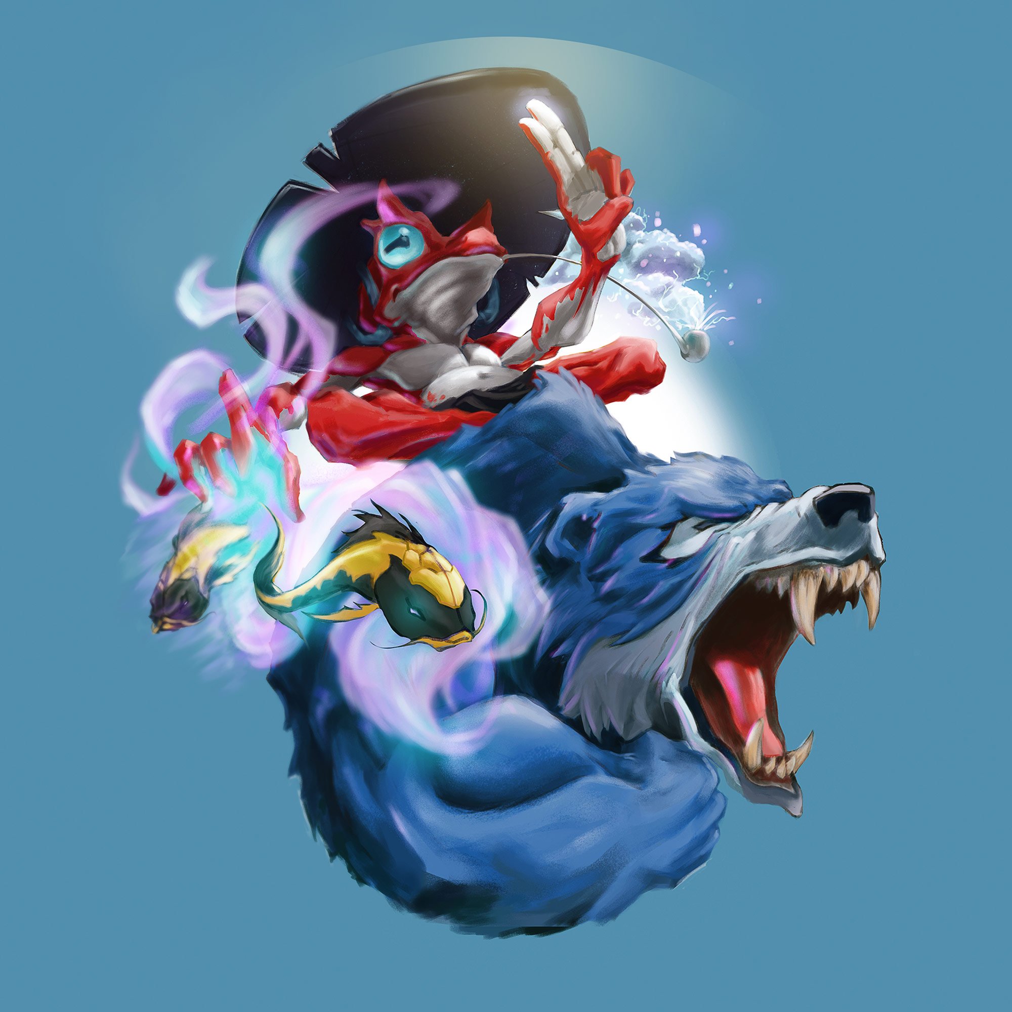 Instagram profile picture design. A red frog riding a blue bear and casting magical carp. Suggests a deeper story.