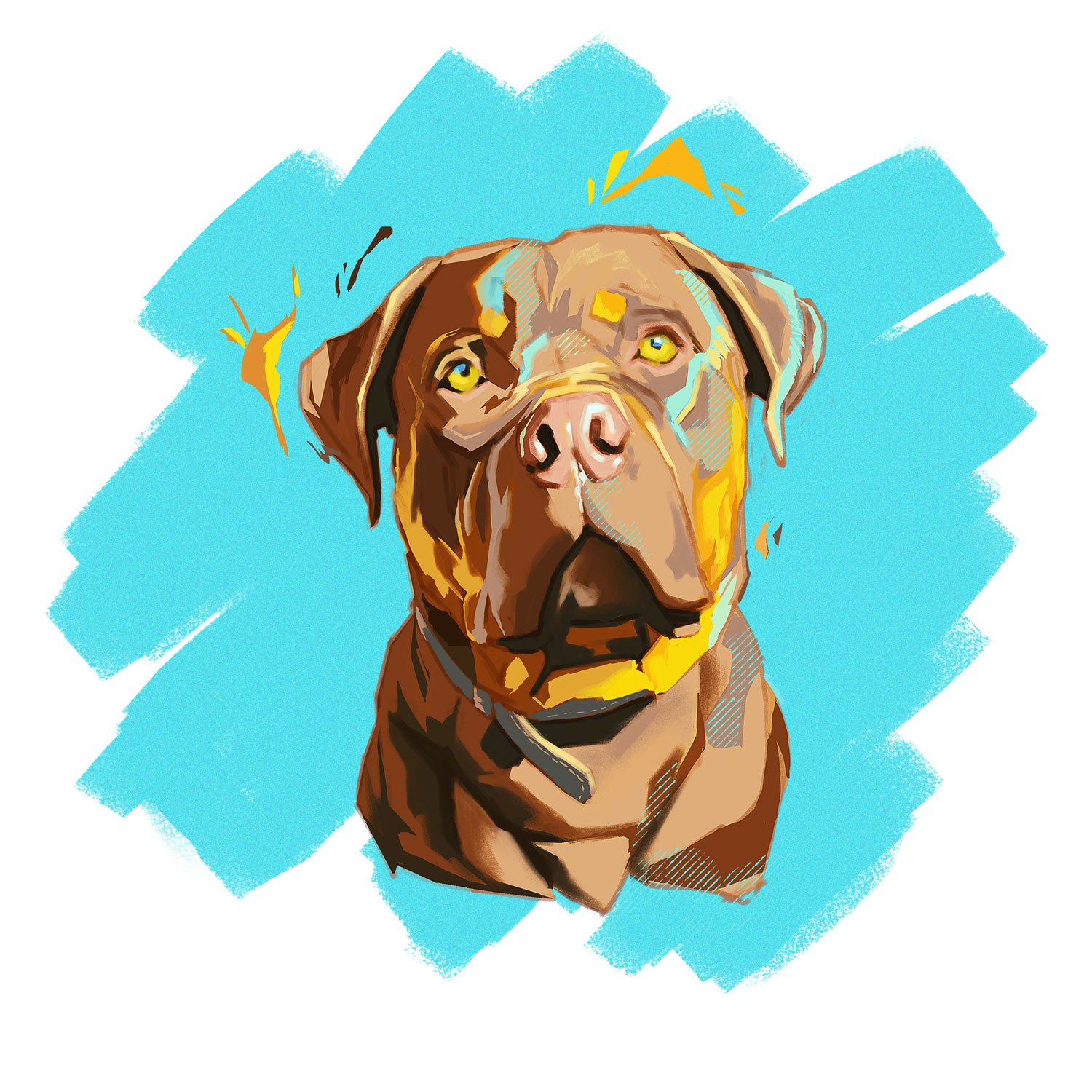 Private commission. Digital portrait in the stye of the key art of a popular games series. Painting of a brown rottweiler called Kadbree.