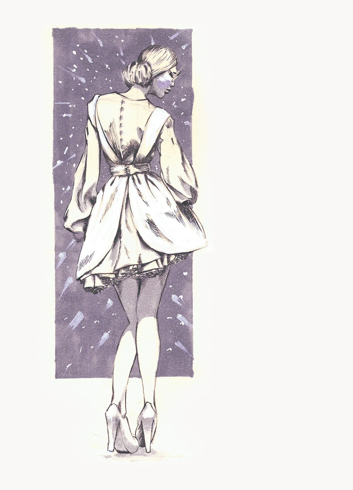 Editorial/advertising ready tonal ink drawing of a girl in a kitch dress.