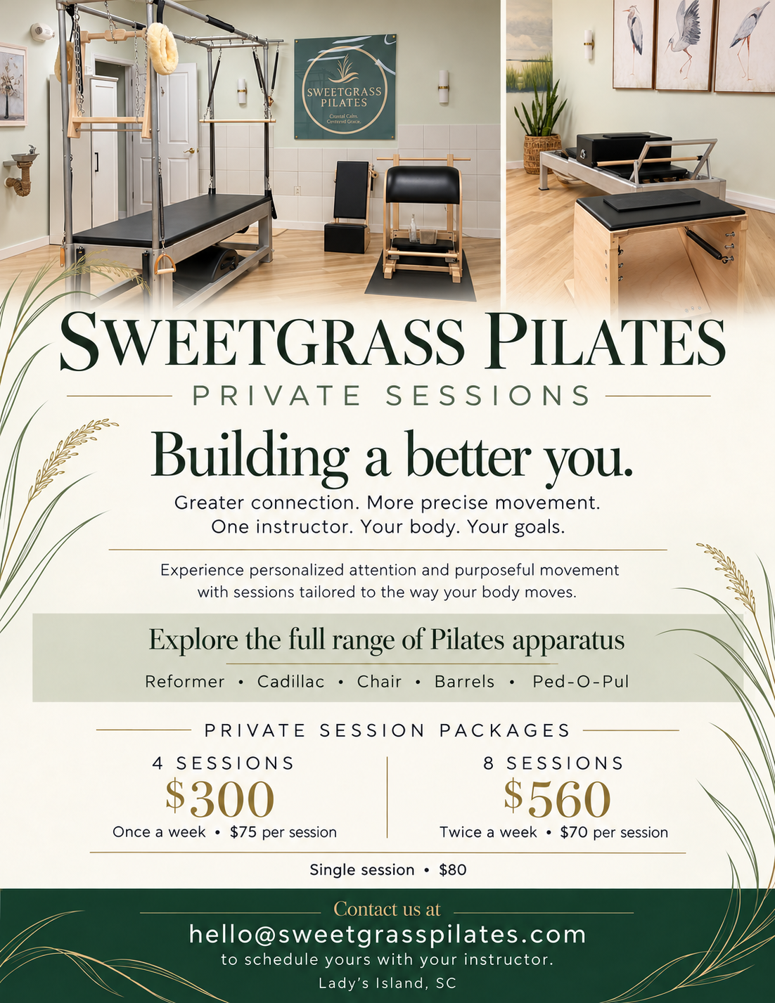Sweetgrass Pilates Private sessions pricing