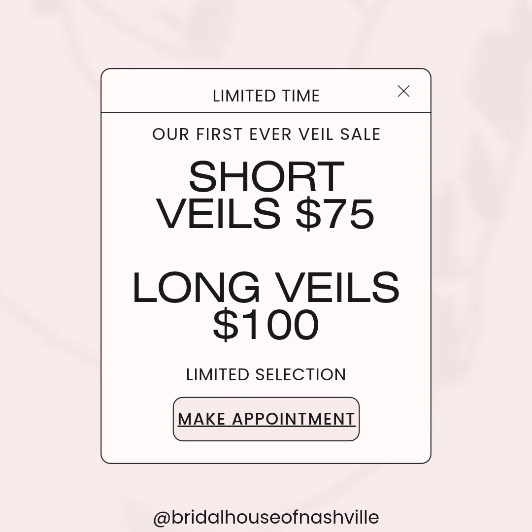 Need a wedding veil quick and super affordable? Check out our first ever bridal veil sale. All fingertip and shorter veils are $75. All veils longer than fingertip are $100. Beautiful laces, cute bows, traditional pearls-- you will find it all. Make 