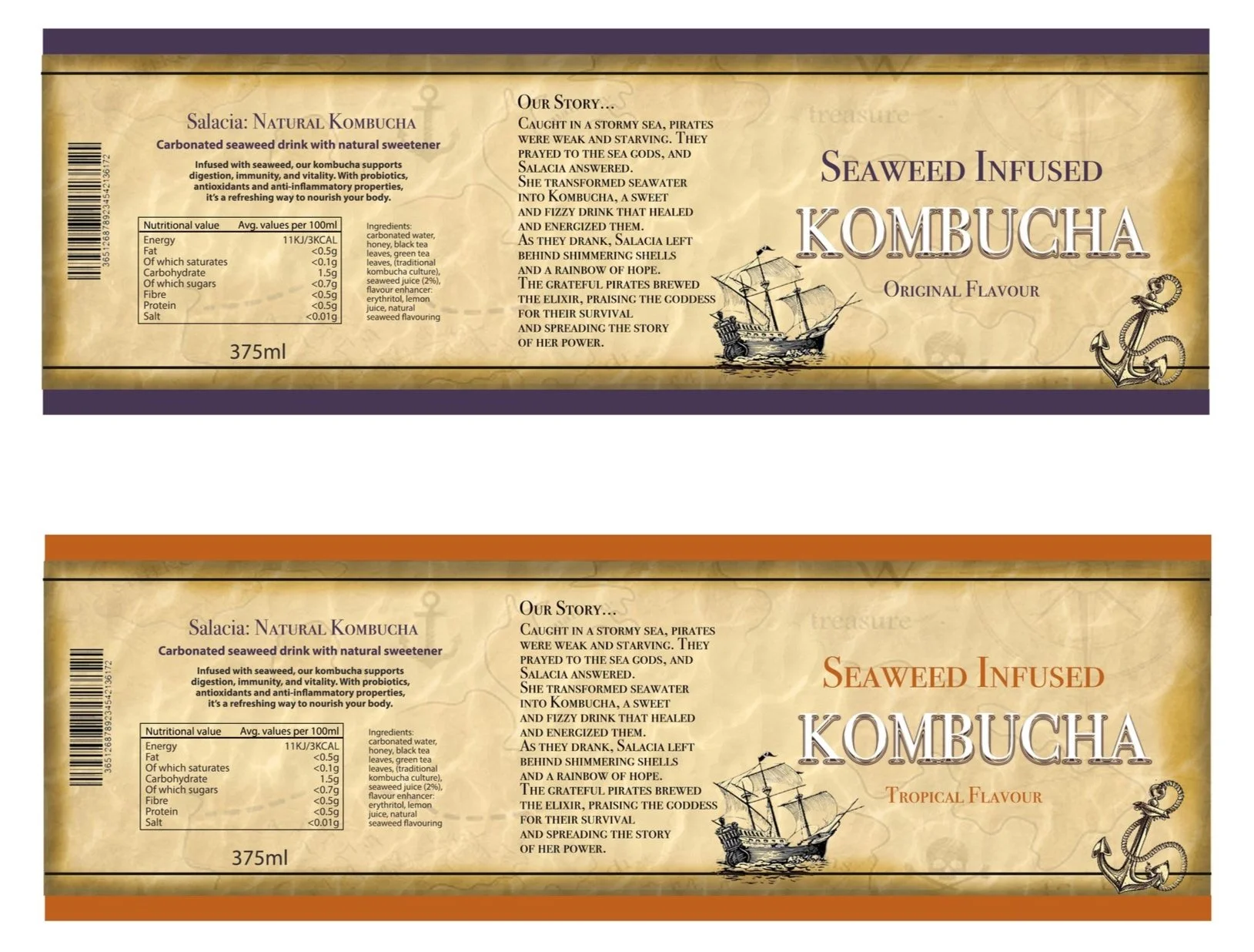 Two packages of seaweed-infused kombucha; one original flavor with a purple and gold label, and one tropical flavor with an orange and gold label, both featuring a ship, an anchor, and sea-themed design elements.