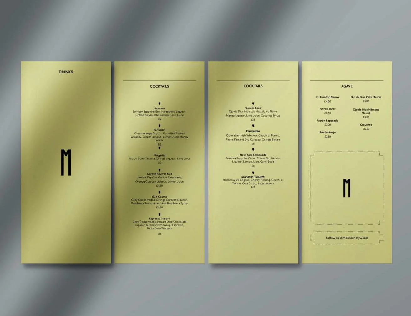 Four yellow menu panels with black text displaying drinks, cocktails, and agave options, set against a gray background.