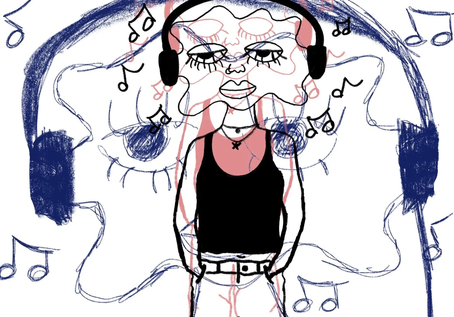Sketch of a woman with closed eyes, wearing headphones, a black tank top, and jeans, surrounded by musical notes and a large looping shape that resembles an angel or fairy, all in a colorful, artistic style.