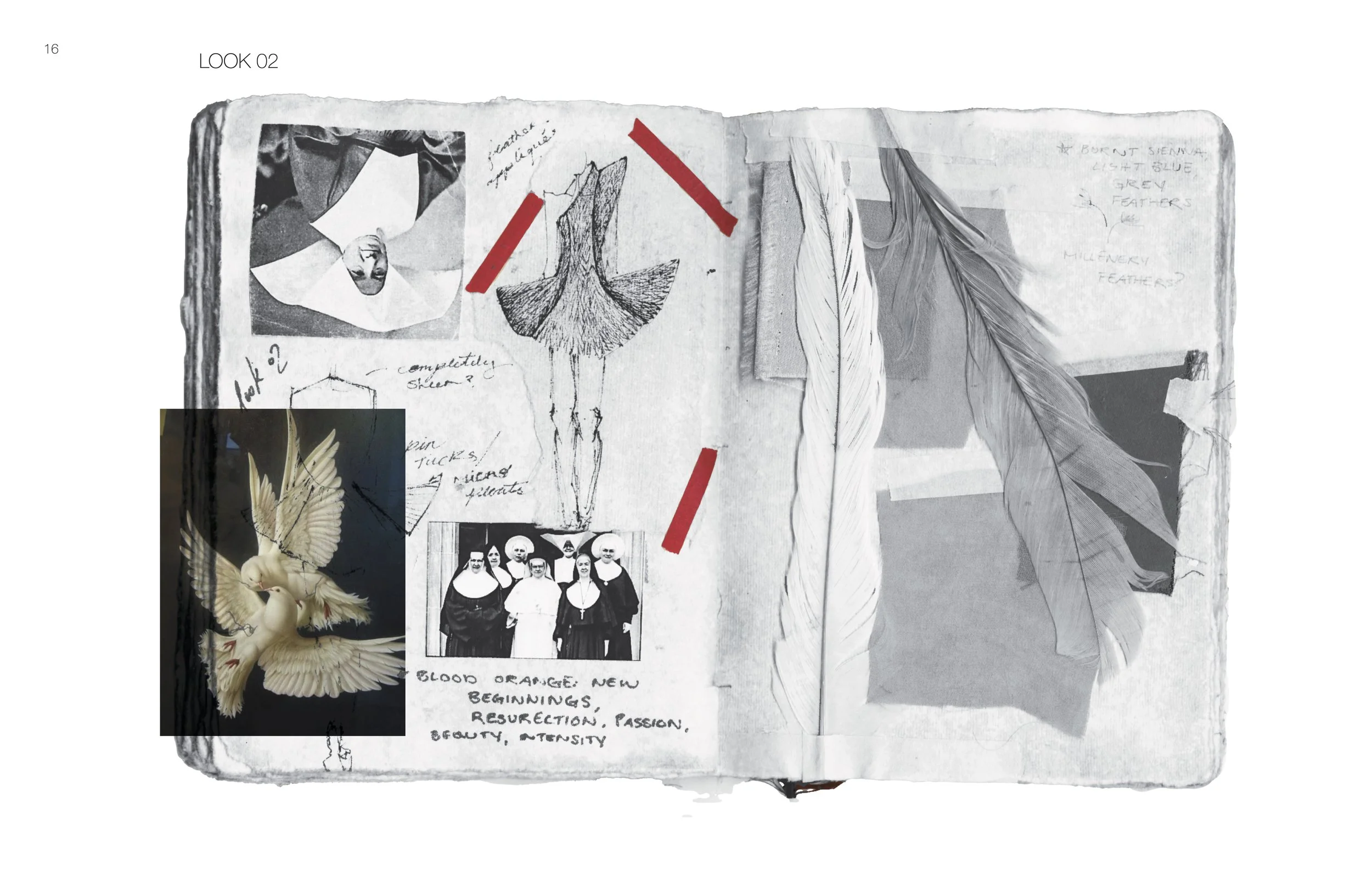 A collage on an open sketchbook page with images and sketches. It includes a photo of doves, fashion sketches, feathers, and a group photo of people in costumes. Handwritten notes and red tape are also visible.