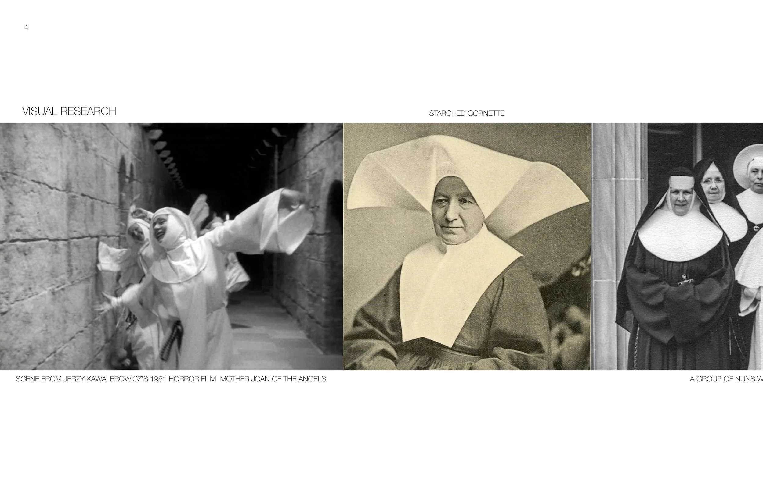 Three-panel image featuring nuns. Left: Scene from "Mother Joan of the Angels," 1961, showing nuns in a corridor. Center: Historical portrait of a nun with a starched cornette. Right: Group of nuns in traditional habits outside a building.