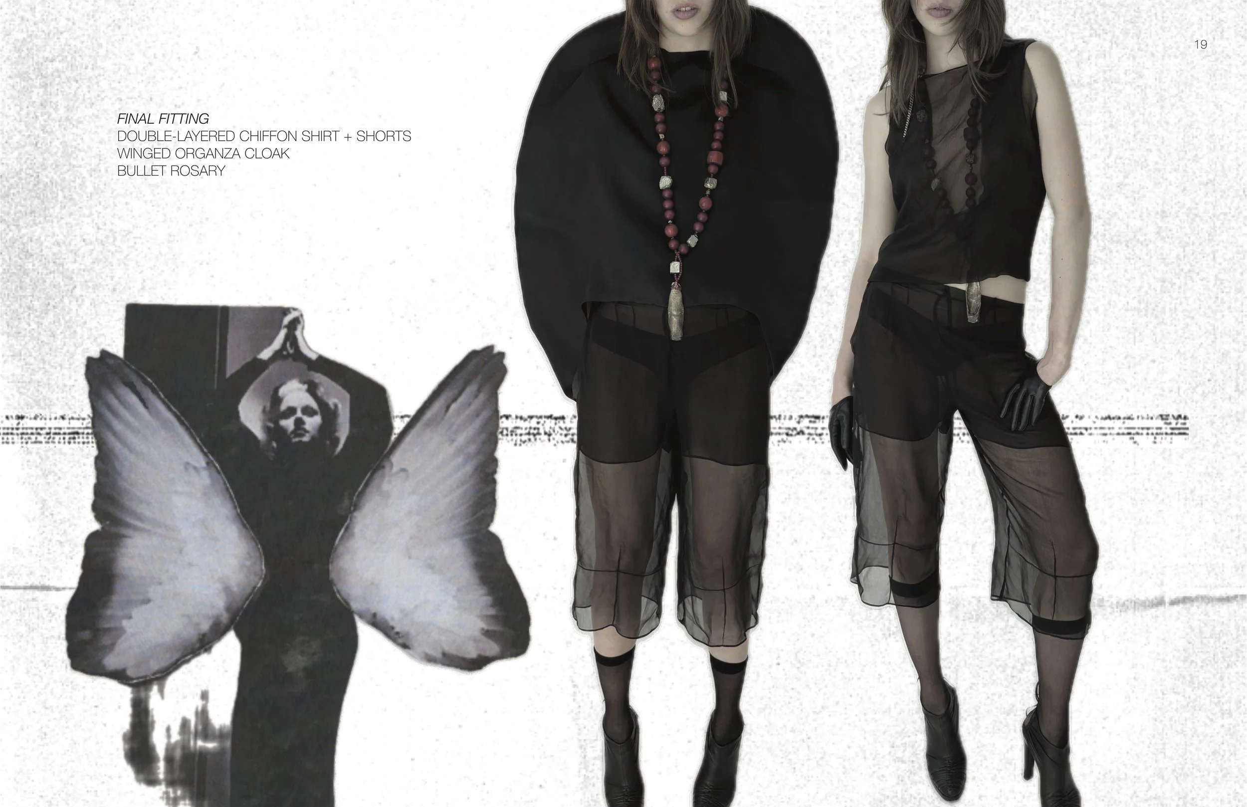 Fashion editorial with two models in black chiffon outfits, including a double-layered chiffon shirt, shorts, and organza cloak. Accessories include a bullet rosary. A black and white artistic image with butterfly wings is in the background.