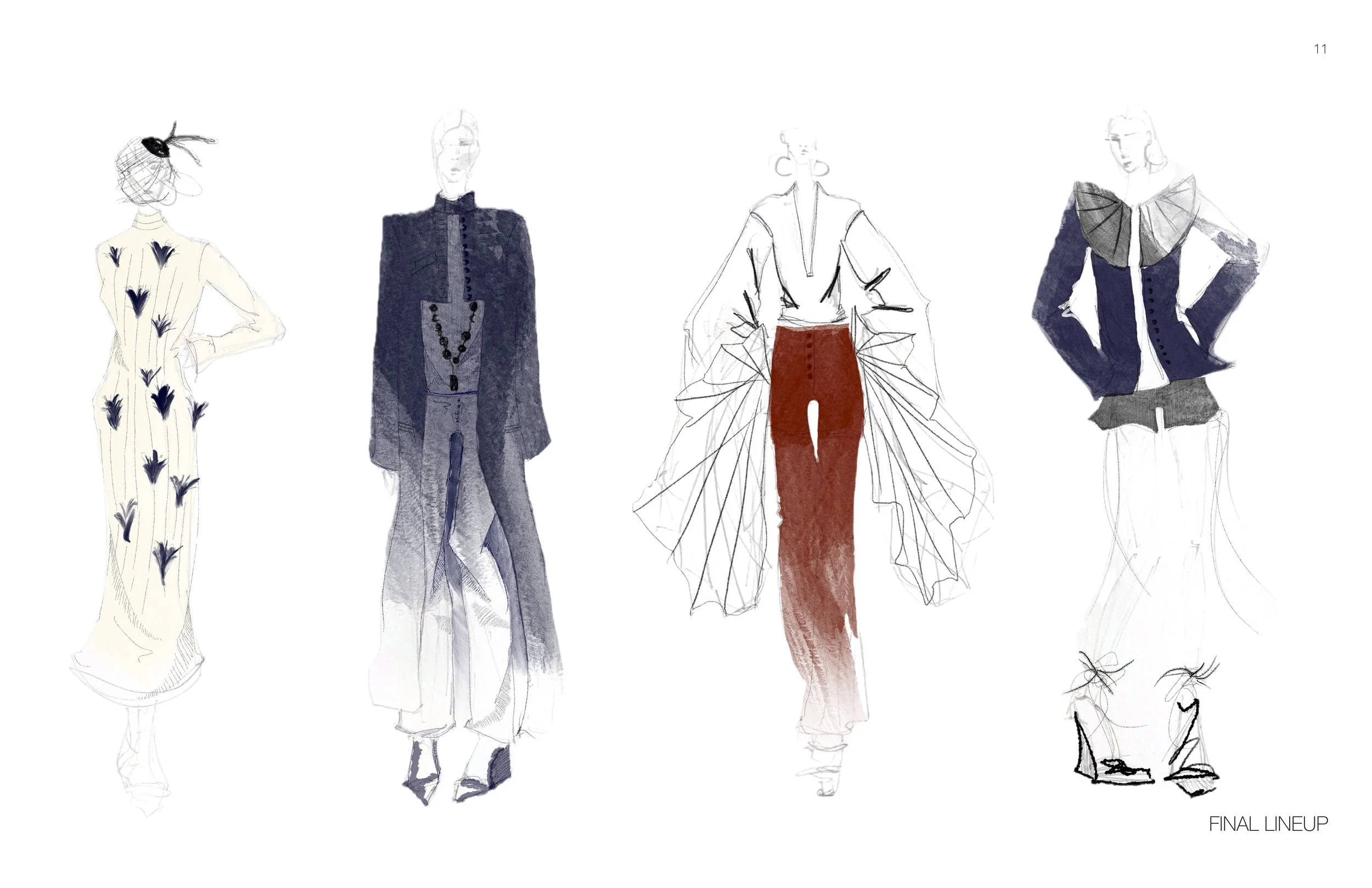 Fashion sketches of four female models wearing different couture outfits with a note 'Final Lineup' at the bottom right.