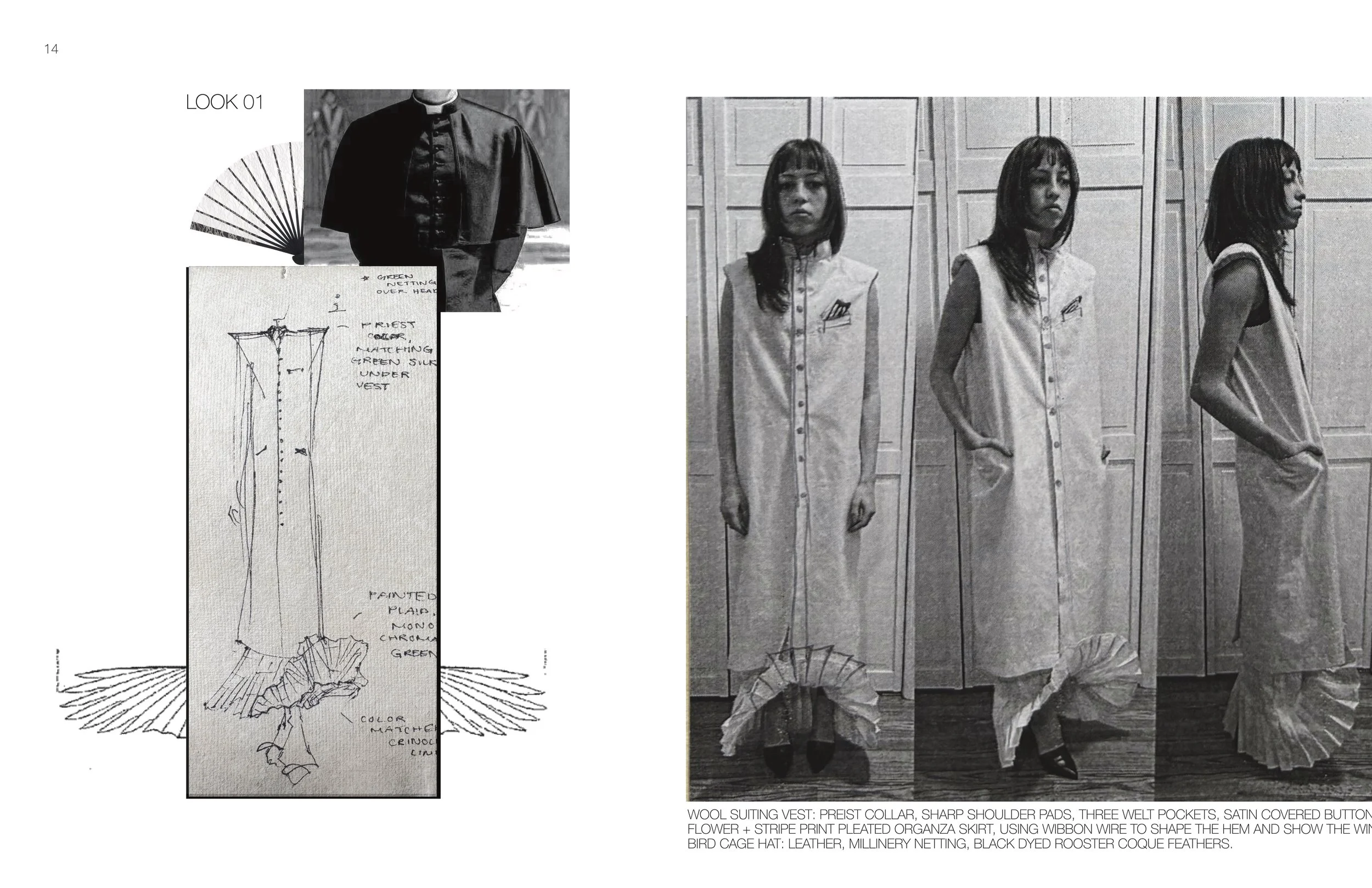 Fashion design layout featuring a priest-inspired garment sketch on the left and a model wearing a long, sleeveless dress with pleated details on the right.