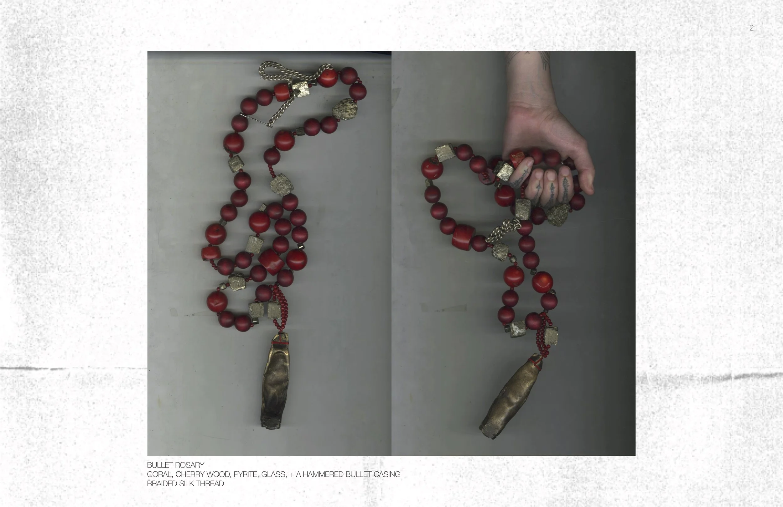 Rosary made of red coral, cherry wood beads, pyrite cubes, glass, and a hammered bullet casing, on a braided silk thread. One side shows the rosary laid out, the other shows it held in a tattooed hand.