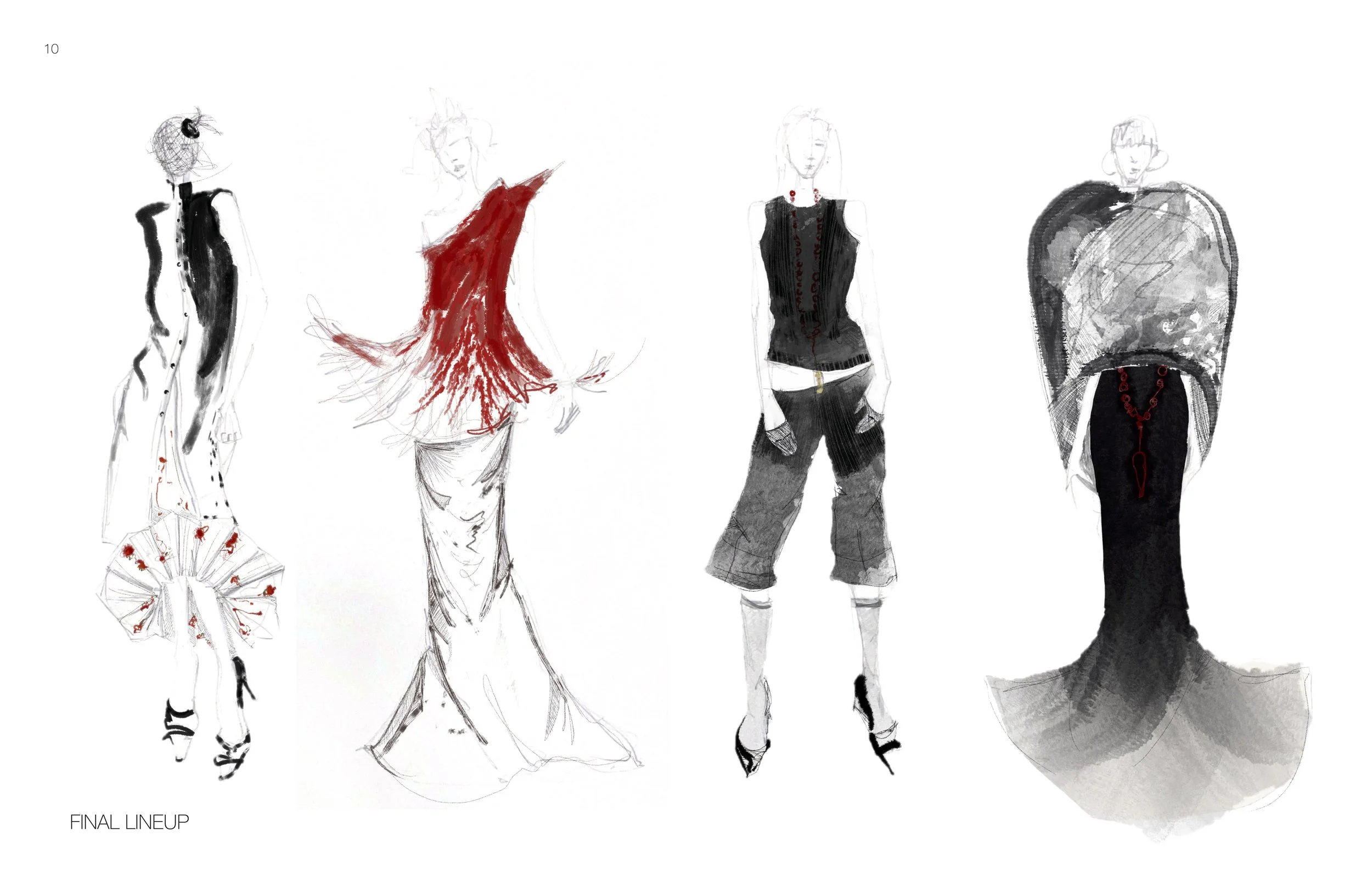 Fashion sketches of four models wearing different outfits, with the caption "FINAL LINEUP" in the bottom left corner.